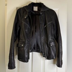 We The Free Black Leather Jacket with Hood